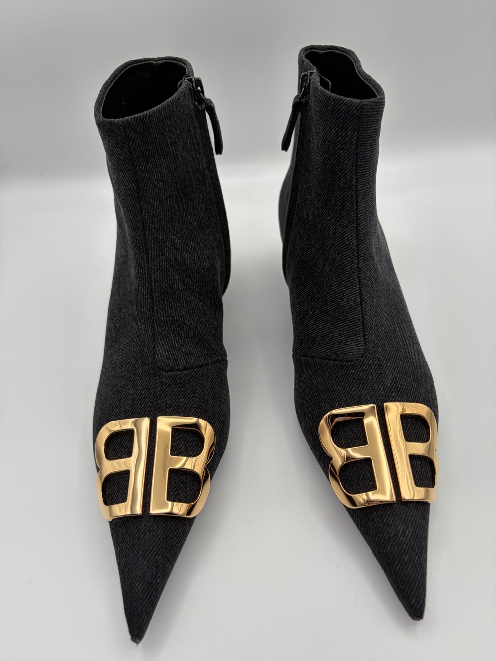 Balenciaga BB Logo Knife Ankle Boots Charcoal Wool Gold Hardware Pointed Toe EU - Picture 11 of 14